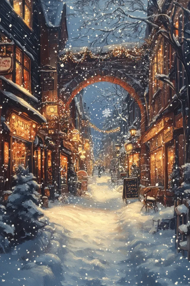 Snowflakes fall through a narrow alleyway lined with glowing shop windows and brick arches.