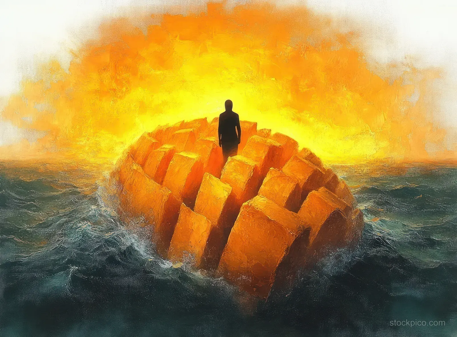 A lone silhouette stands on a cracked circular island while stormy waves churn under a glowing sunset.