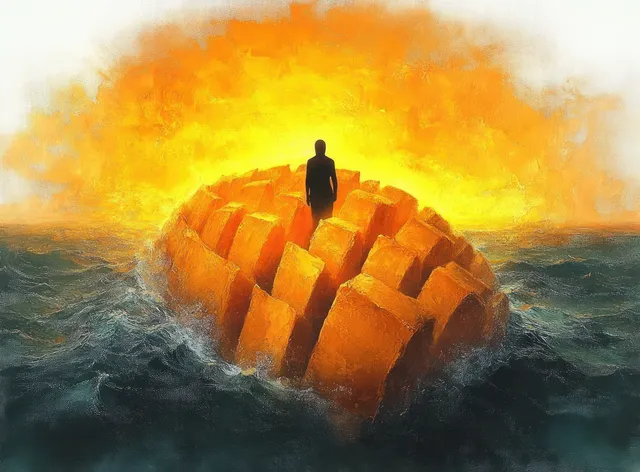 A lone silhouette stands on a cracked circular island while stormy waves churn under a glowing sunset.