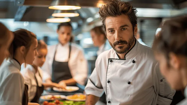 Chef instructs young trainees in a restaurant kitchen while preparing vegetables with a knife.