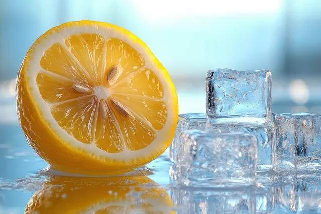 A fresh lemon half sits beside clear ice cubes on a reflective surface under a cool blue background.
