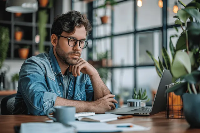 A man in glasses writes in a notebook at his laptop desk in a home office with coffee and a window behind.