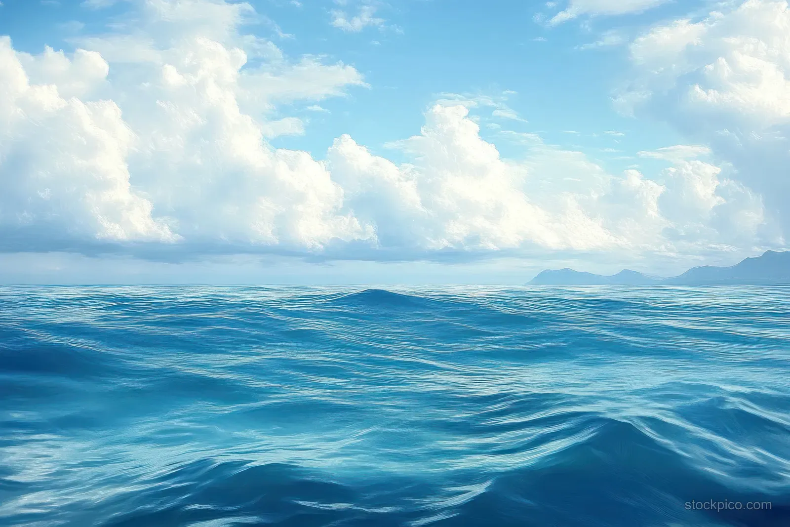 Blue ocean waves under a bright cloudy sky with distant mountains on the horizon.