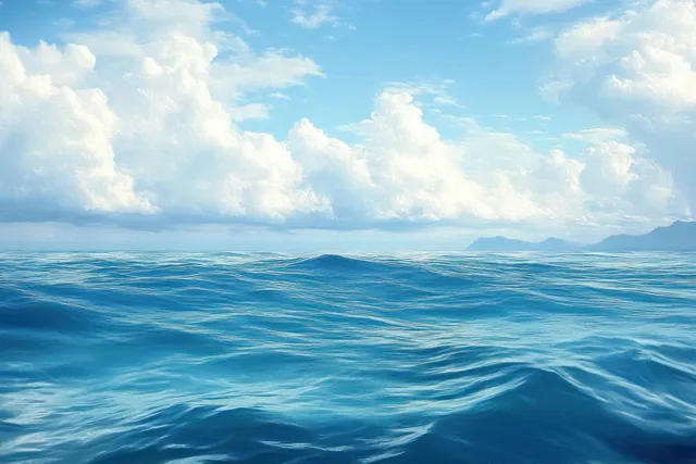 Calm blue ocean waves beneath bright clouds and distant mountains