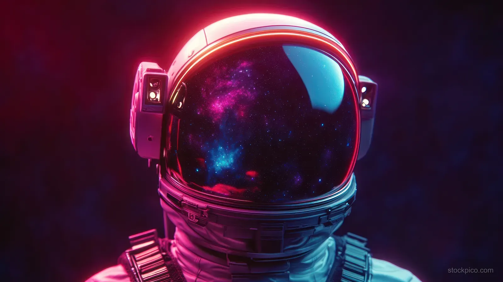 Astronaut helmet close-up with a visor reflecting a colorful galaxy amid neon pink and blue lighting.