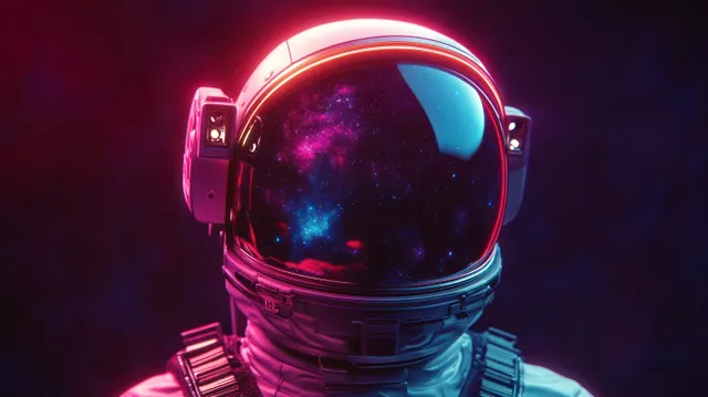 Astronaut helmet close-up with a visor reflecting a colorful galaxy amid neon pink and blue lighting.