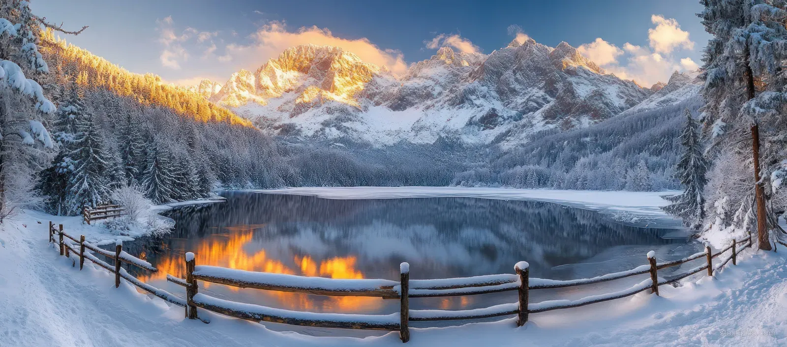 Snow-covered wooden fence beside a frozen lake, with golden sunlight over pine trees and distant mountains.