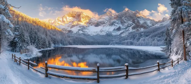 Snowy wooden fence bordering a frozen lake with golden-lit mountains and pine trees