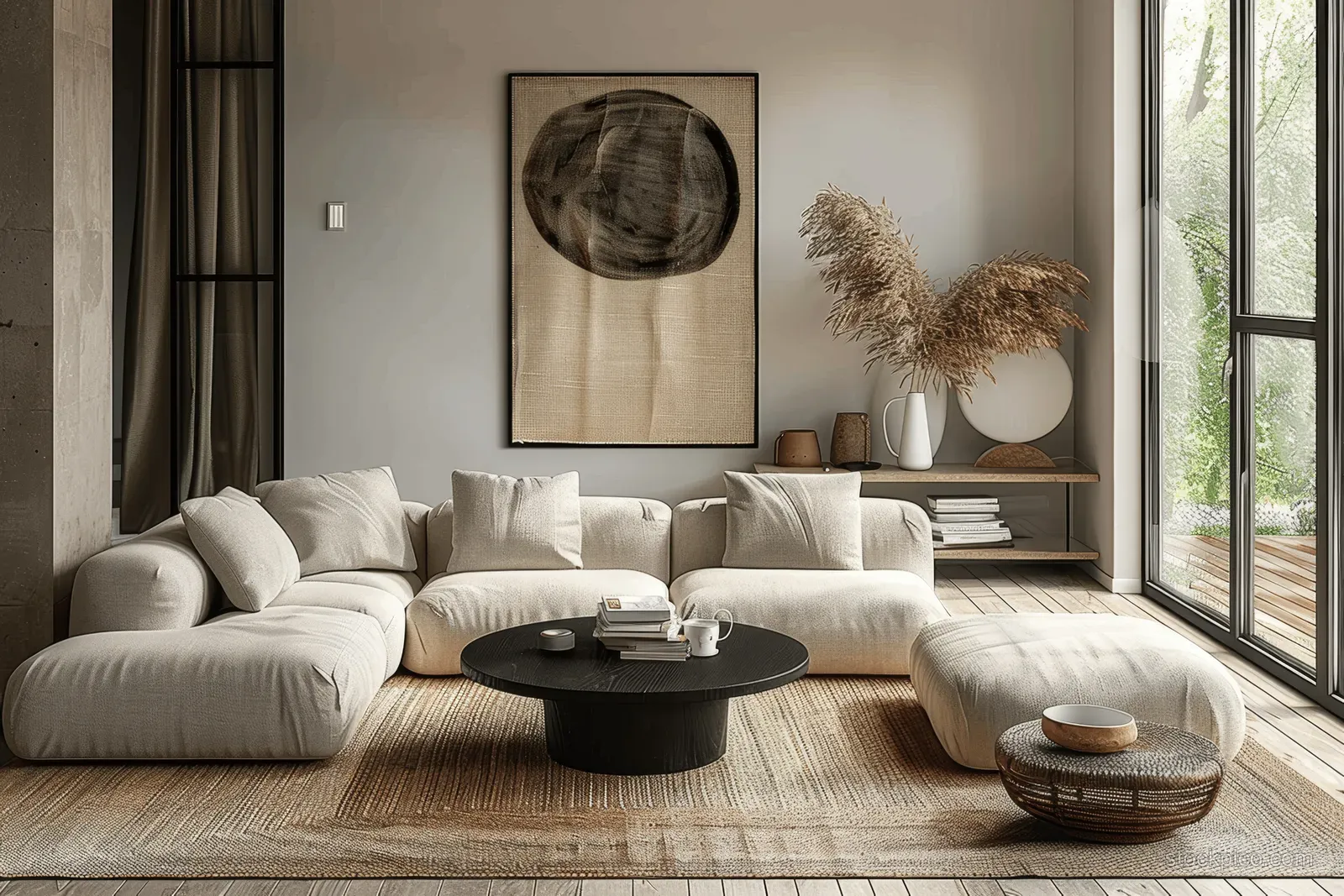 Beige sofa seating arranged around a black coffee table in a bright minimalist living room with jute rug.