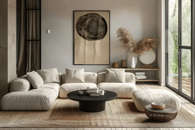 Beige sofa seating arranged around a black coffee table in a bright minimalist living room with jute rug.