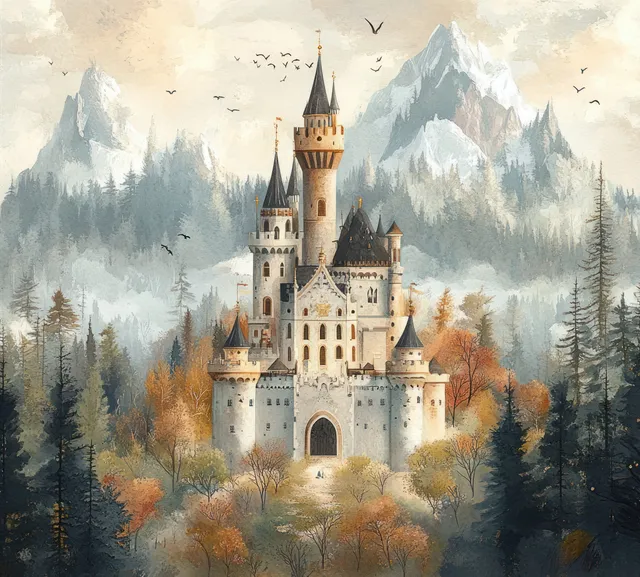 Whimsical watercolor fairy-tale castle on a hill beneath misty mountains and tall trees