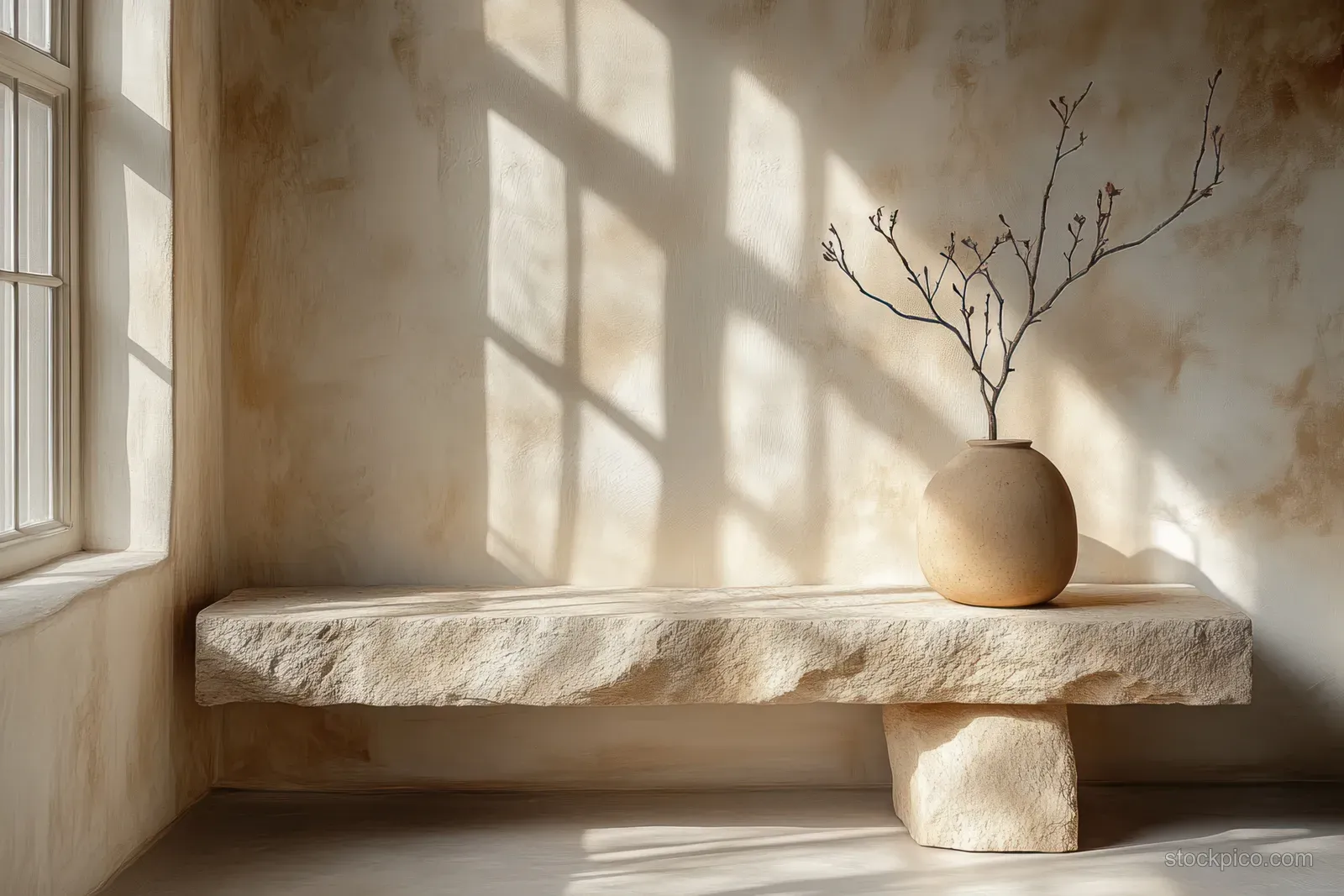 Stone podium and small vase on a beige ledge with dappled leaf shadows from sunlight.