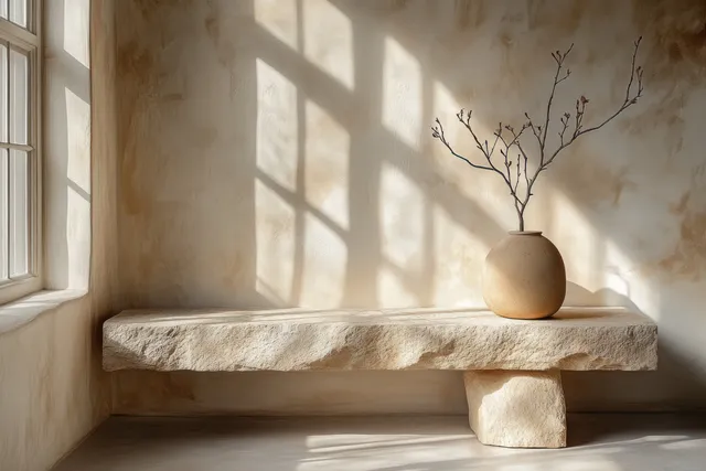 Minimal stone podium by window with dappled leaf shadows and simple vase