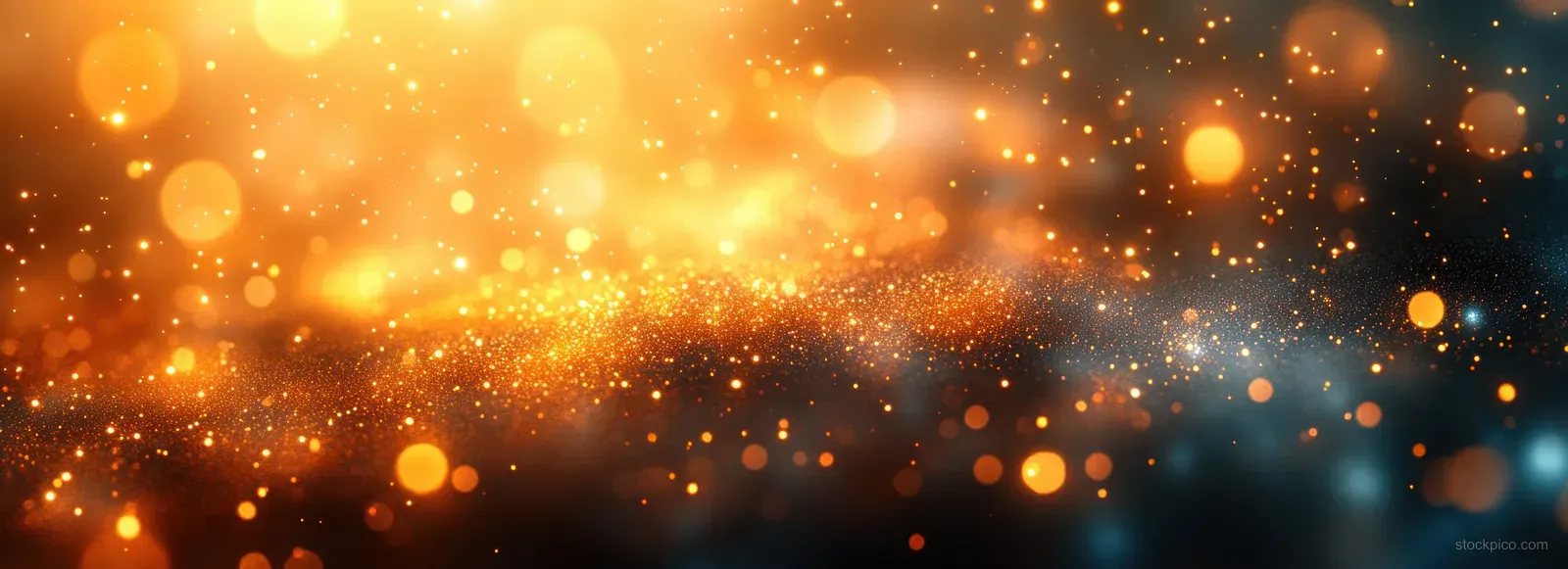 Warm golden bokeh lights and sparkles glow on a dark Christmas New Year background.