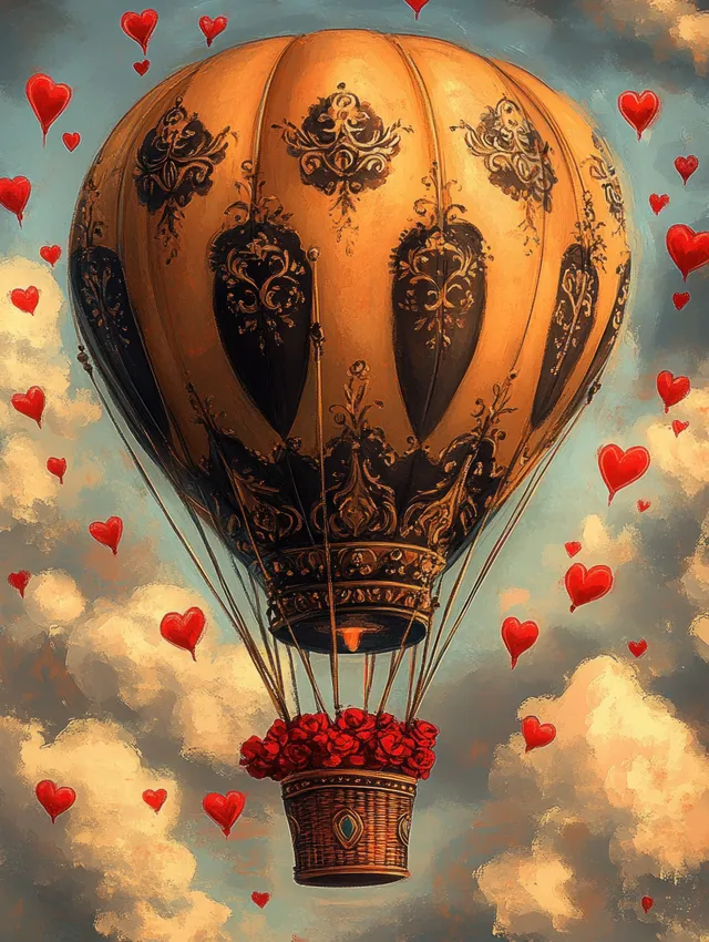Ornate hot air balloon with black filigree rises above clouds surrounded by red heart-shaped balloons.