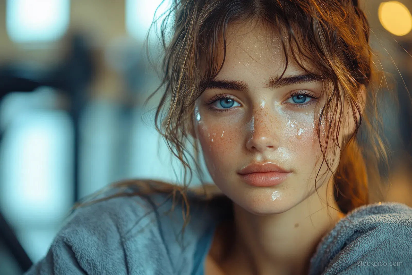 Young woman rests after training, wiping sweat on her forehead in a softly lit indoor gym.
