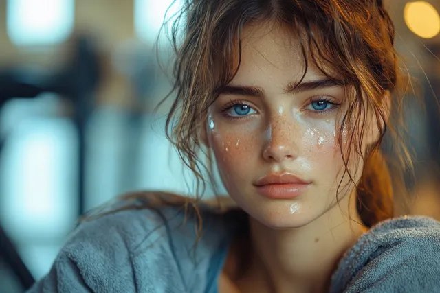 Young woman rests after training, wiping sweat on her forehead in a softly lit indoor gym.
