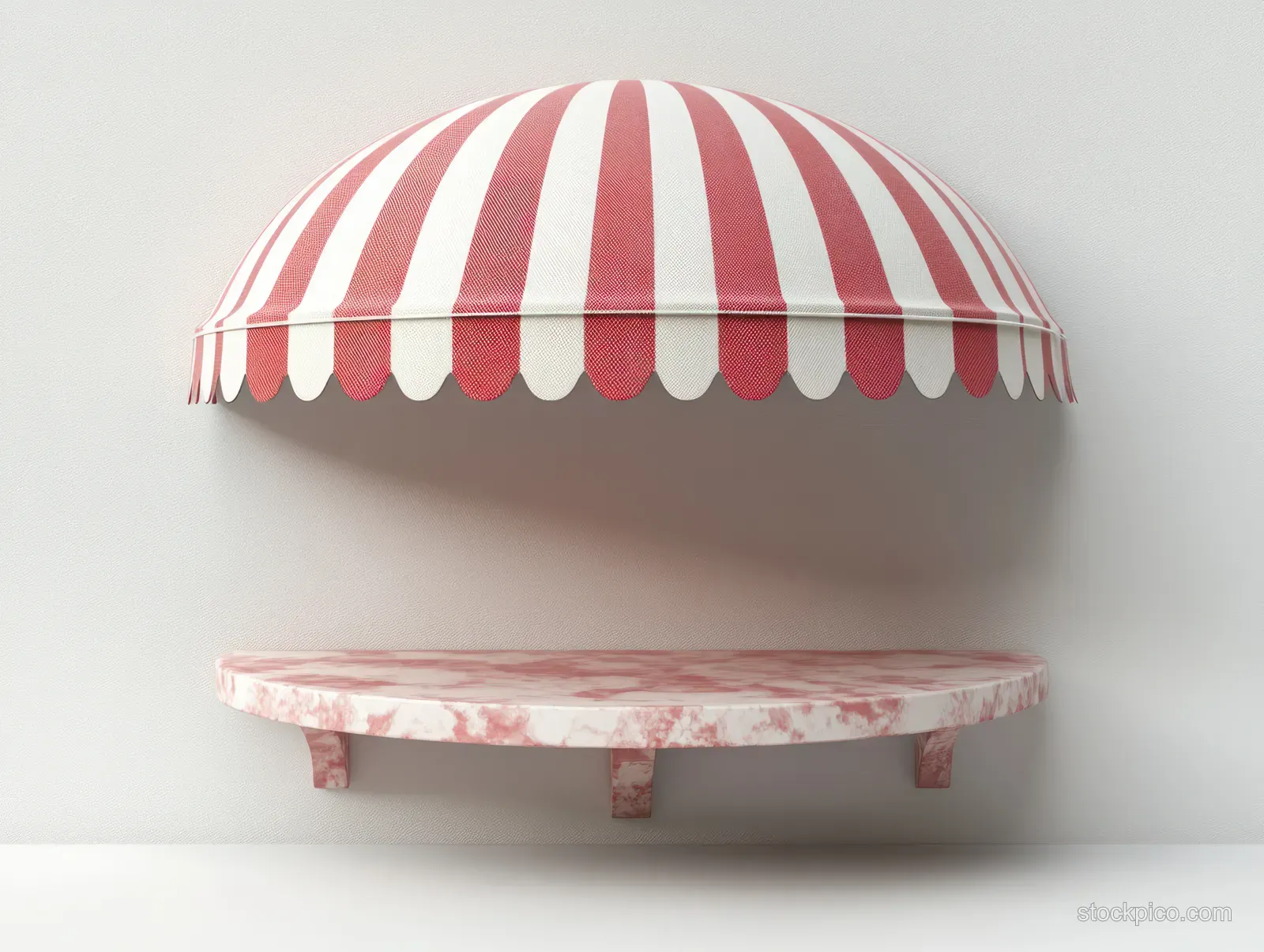 A round kiosk mockup with a red and white striped awning and empty shelf on a light wall.