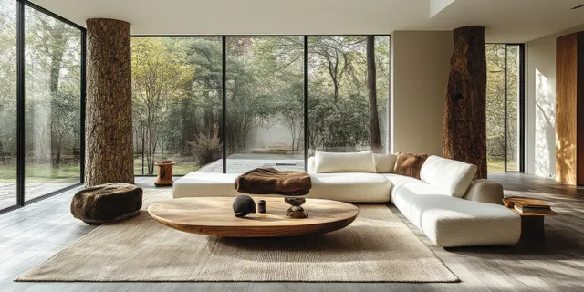 Top-down view of a Scandinavian living room with a minimalist sofa, round coffee table, and large floor-to-ceiling windows.
