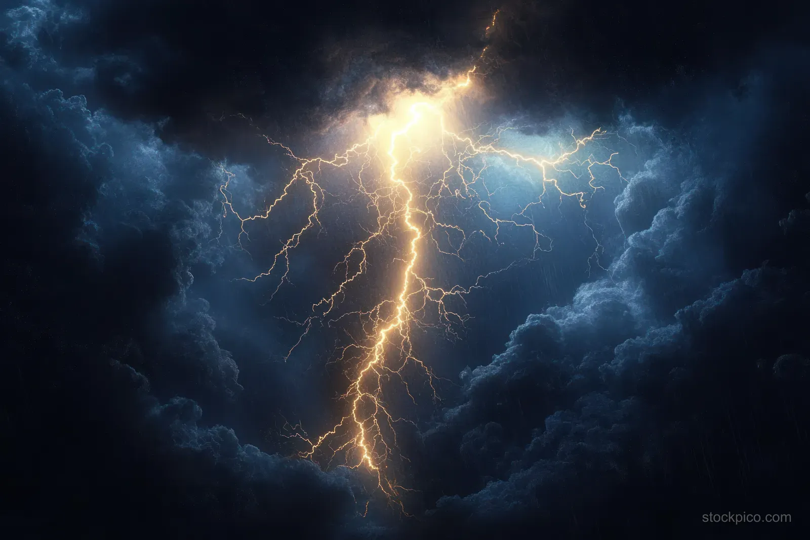 Lightning bolt glowing through dark storm clouds at night with electric branches across a stormy sky.