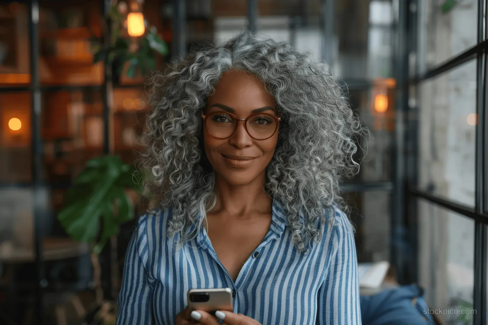 Smiling middle-aged businesswoman stands by a glass office wall holding a smartphone.