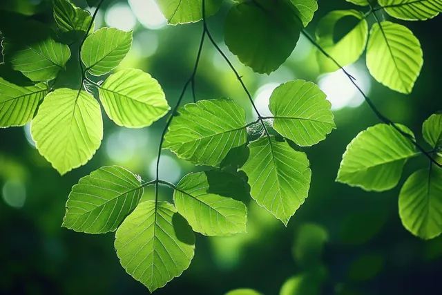 Backlit green chestnut leaves hang from branches with a blurred forest background.