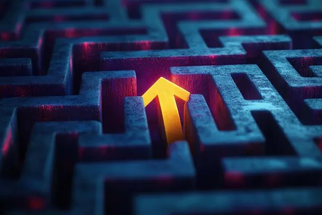 3D labyrinth maze with glowing yellow arrow pointing through dark corridors