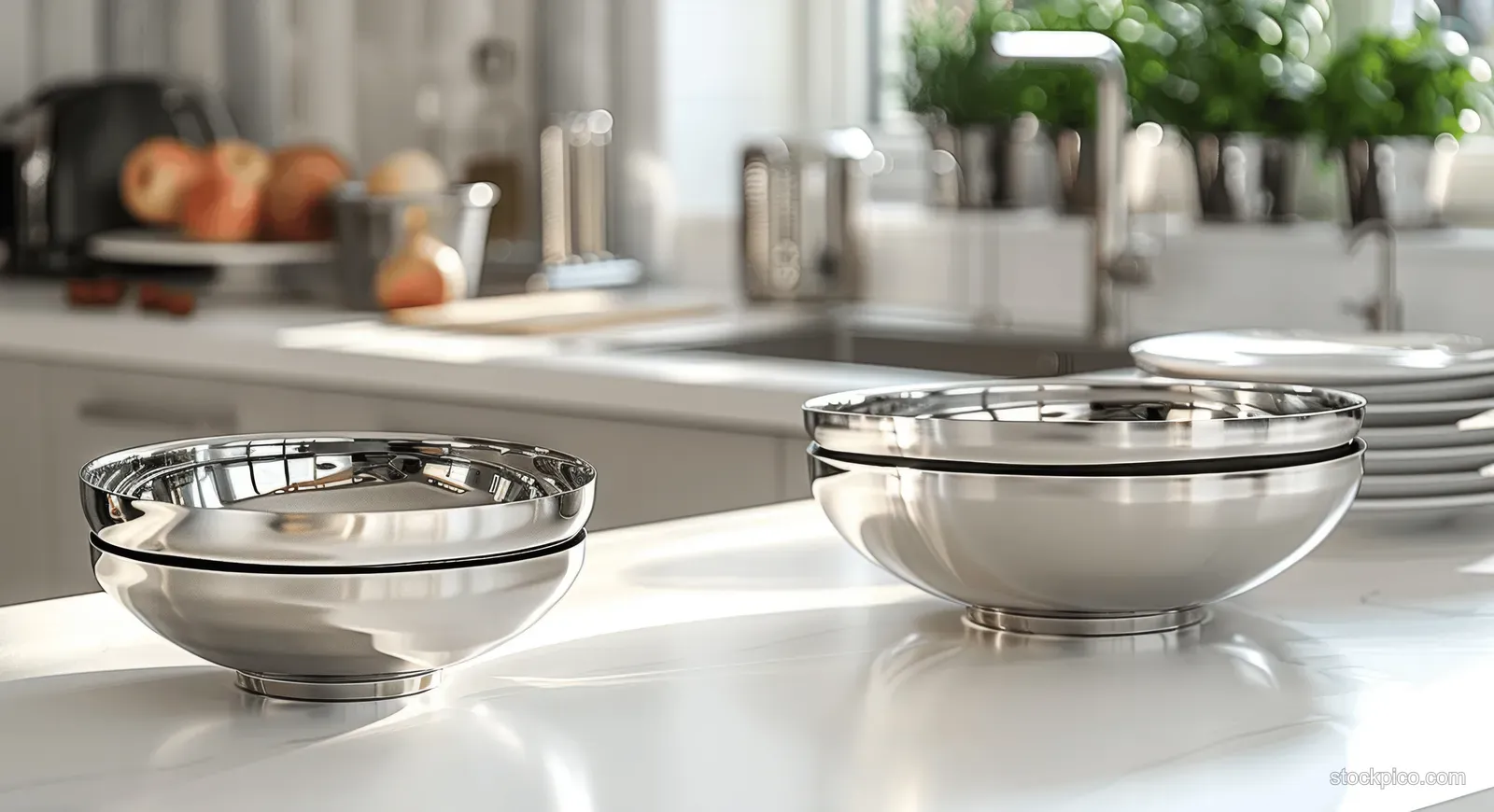 Polished stainless steel bowls sit on a white counter in a bright professional kitchen.