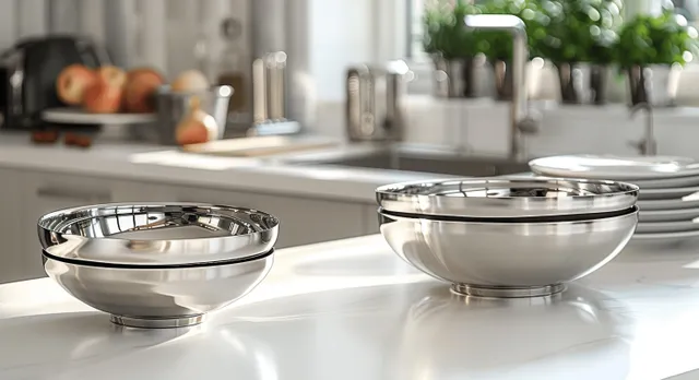 Stainless Steel Catering Bowls on White Counter in Professional Kitchen