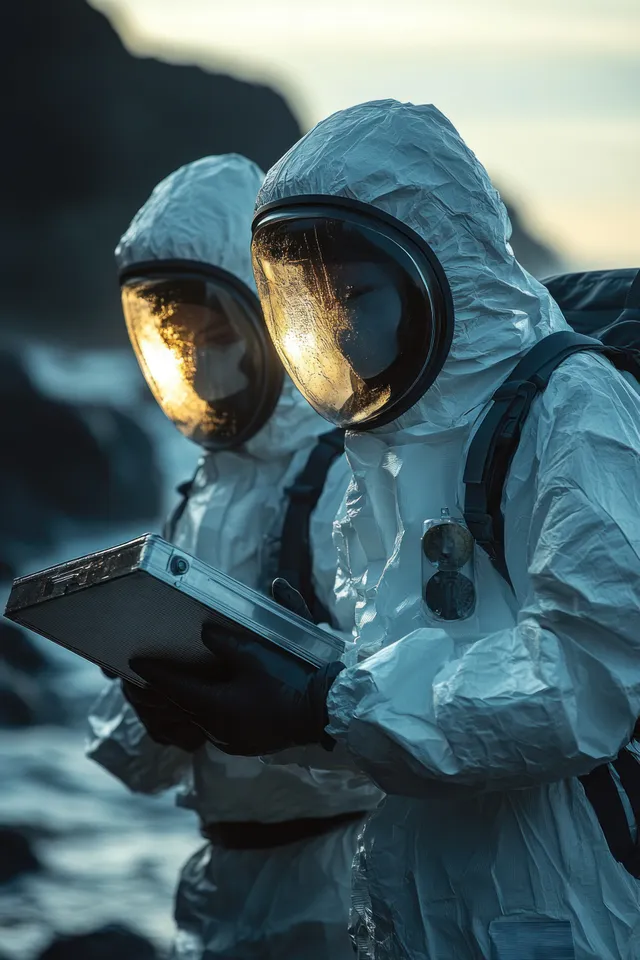 A scientist in a protective suit examines environmental samples on a beach near the ocean.