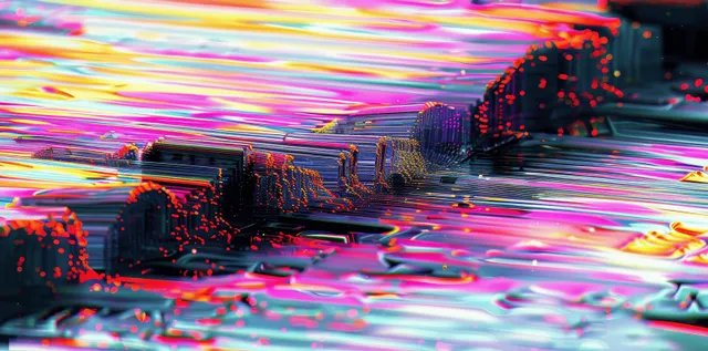 Paisagem abstrata de pixels com ondas de estática VHS, linhas de varredura CRT e distorção cromática por toda a cena.