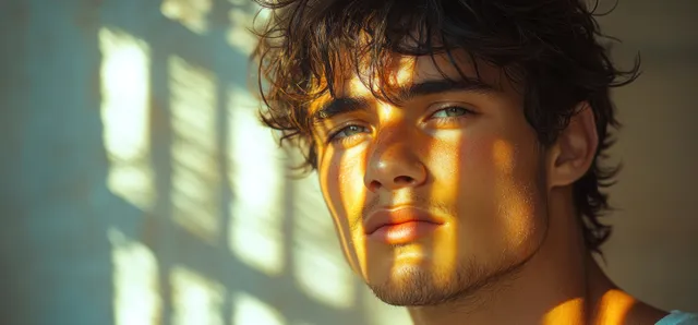 Warm-lit young man portrait outdoors through leaves, soft shadows and calm expression