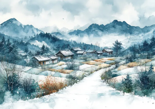 Watercolor view of a snowy village on terraced hills with a winding stream and misty mountain background.