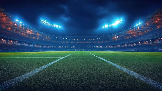 Empty illuminated sports stadium at night, green pitch and goalpost under dramatic cloudy sky
