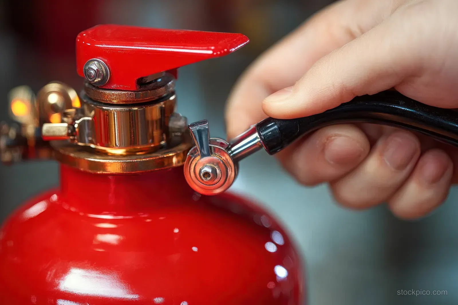 Hand gripping the nozzle hose and operating the valve on a red fire extinguisher close up.