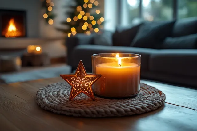 A burning candle and star decoration rest on a knitted coaster in a softly lit Christmas living room.