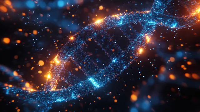 A glowing blue and orange DNA helix floats amid sparkling particles on a dark futuristic background.