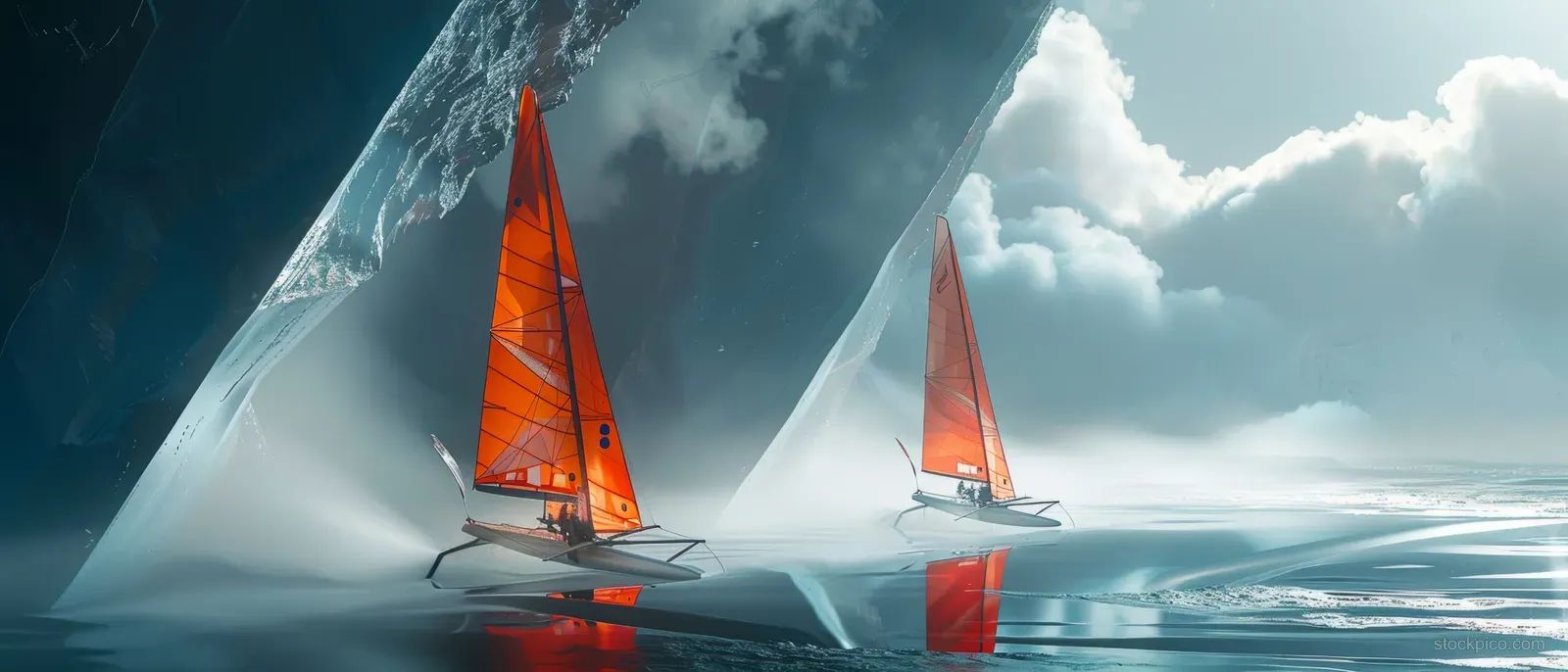 Two orange and red sailboats race through ocean waves with speed lines beneath stormy clouds.