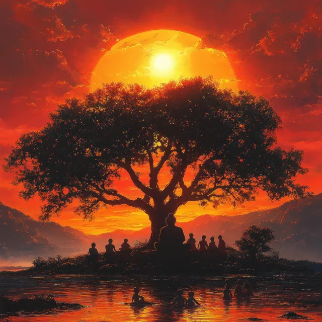 Buddha meditating under a large tree with children at sunset over calm water.