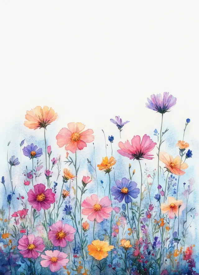 Watercolor wildflowers in full bloom with tall stems against a soft pastel sky background