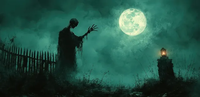 A lantern-lit skeleton stands by a haunted fence in foggy moonlight with a bright full moon overhead.