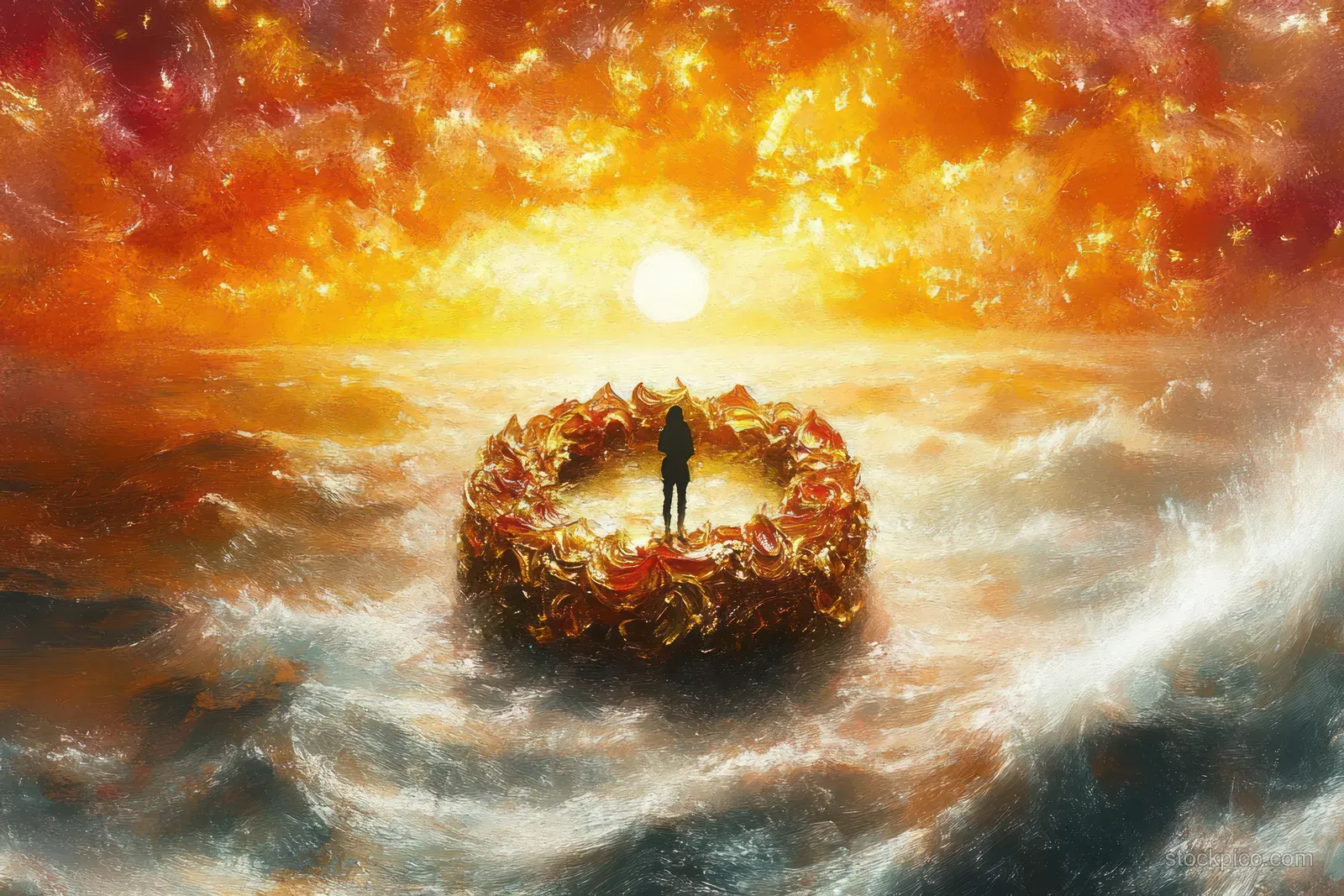 A lone silhouette stands inside a glowing fiery ring floating on misty water beneath a bright orange sunlit sky.