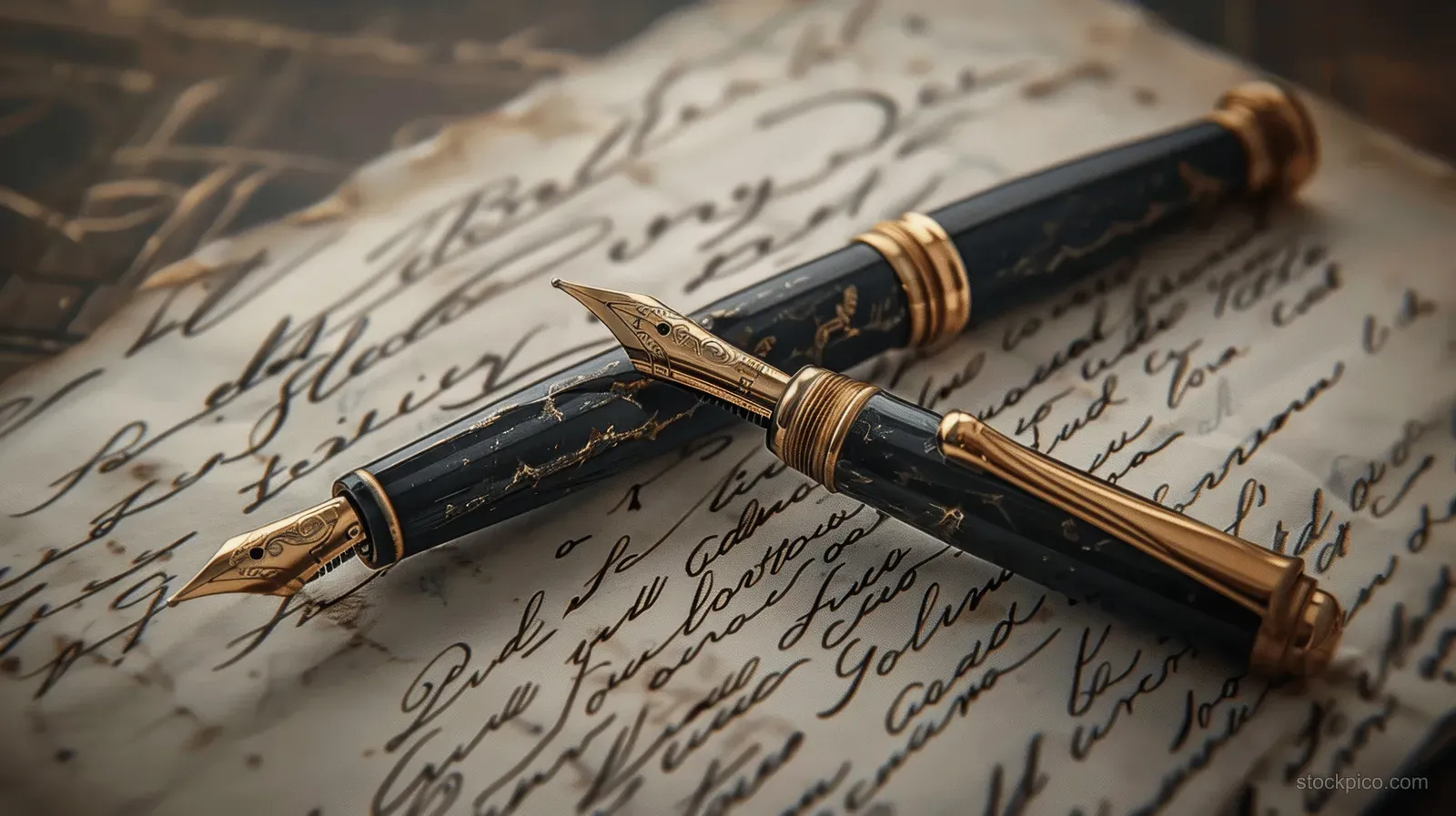 Vintage fountain pen writing cursive notes on aged paper with dark ink lines visible.