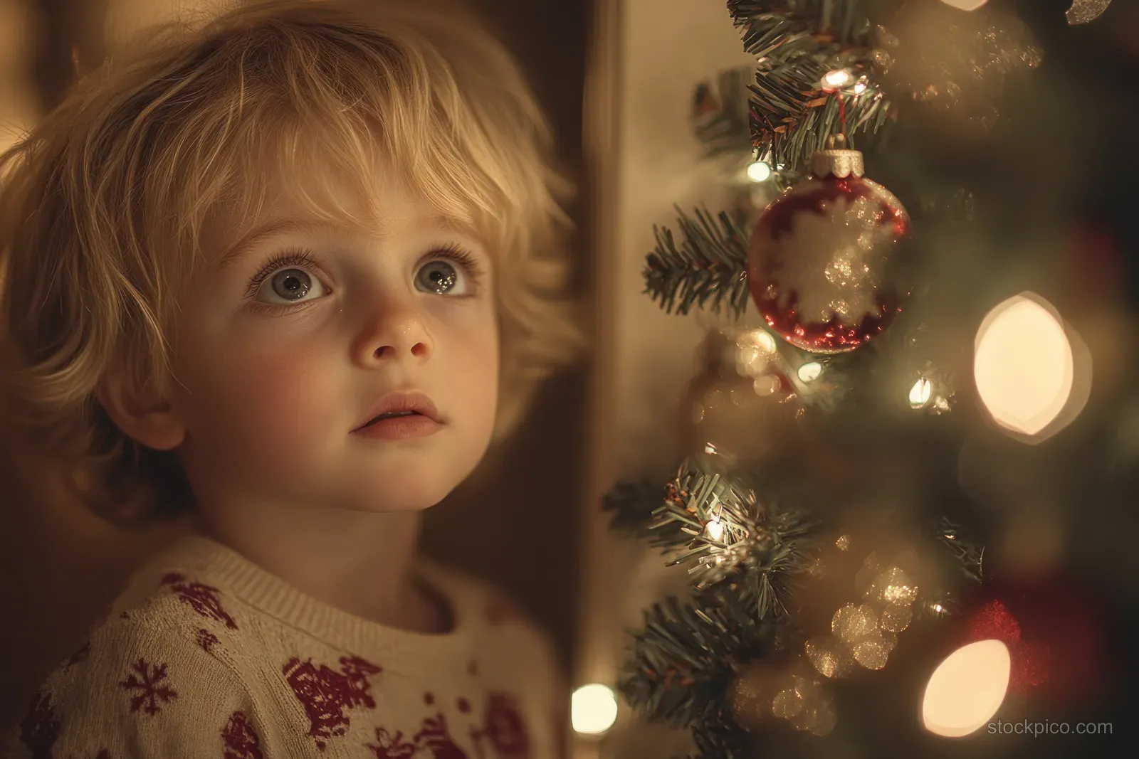 A child in snowflake pajamas peeks beside a decorated Christmas tree with glowing bokeh lights.