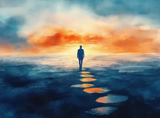 A lone silhouette walks on water as circular light reflections stretch toward a glowing orange-blue horizon under clouds.