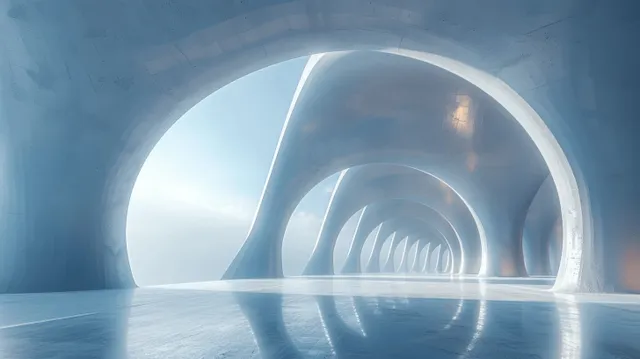 Futuristic white curved tunnel entrance with layered arches, blue sky lighting, and a reflective concrete floor.