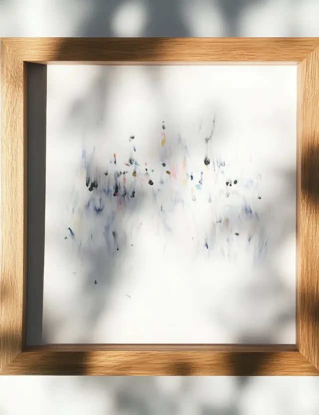 A minimal blank canvas artwork mockup in a wooden frame on a wall with soft natural light.