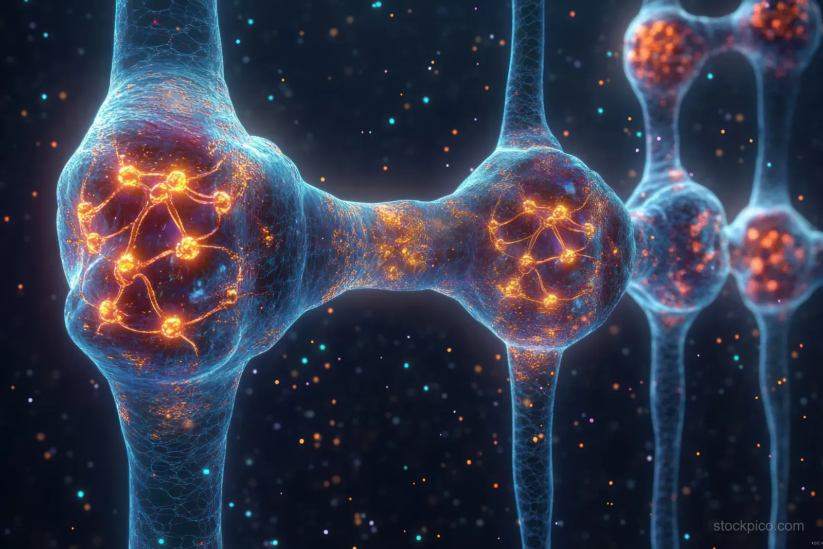 Interconnected glowing synapses emit electric impulses across a dark field filled with multicolored particles.