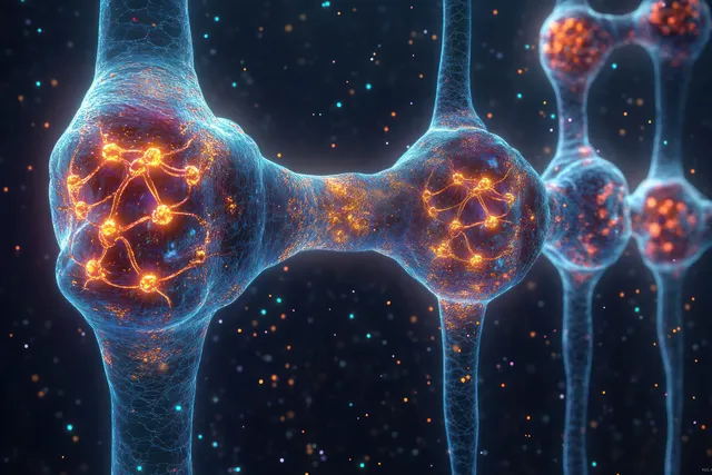Interconnected glowing synapses emit electric impulses across a dark field filled with multicolored particles.