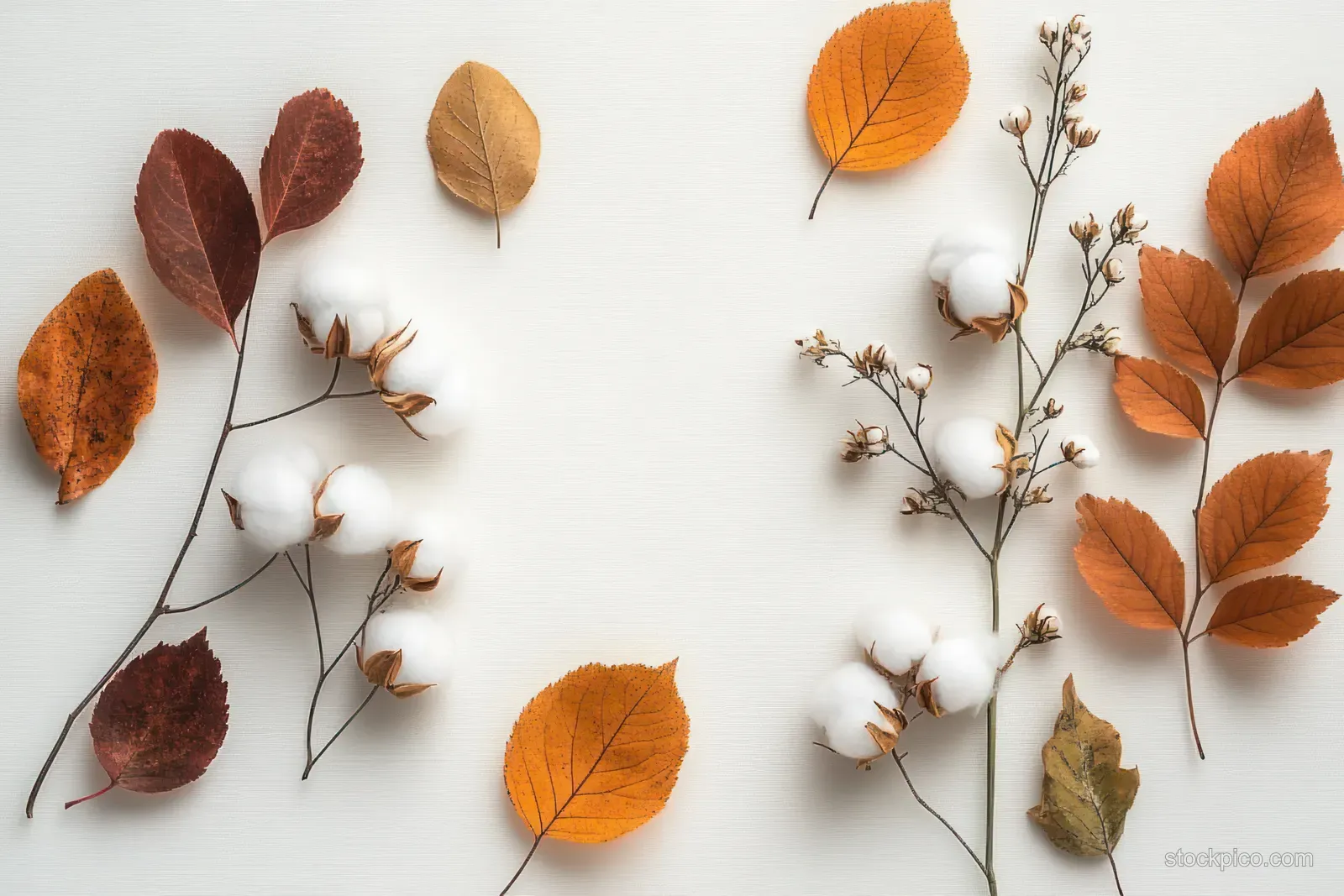 Autumn leaves and cotton flower stems arranged on a pale gray background in a minimalist flat lay.